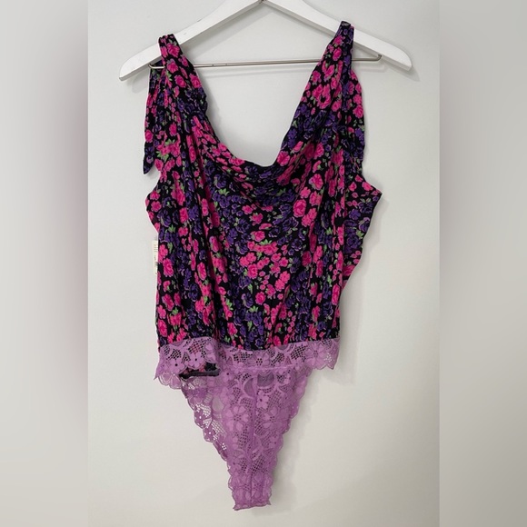 NWT Free People Bare It All Bodysuit Floral/Party Combo Pink Purple Sz Small - Picture 3 of 4